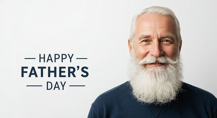 Happy Father's Day: Portrait of a Smiling Senior Man with a Long White Beard, Celebrating Fatherhood and Family Bonds. A heartwarming image perfect for Father's Day cards, social media posts, blog...