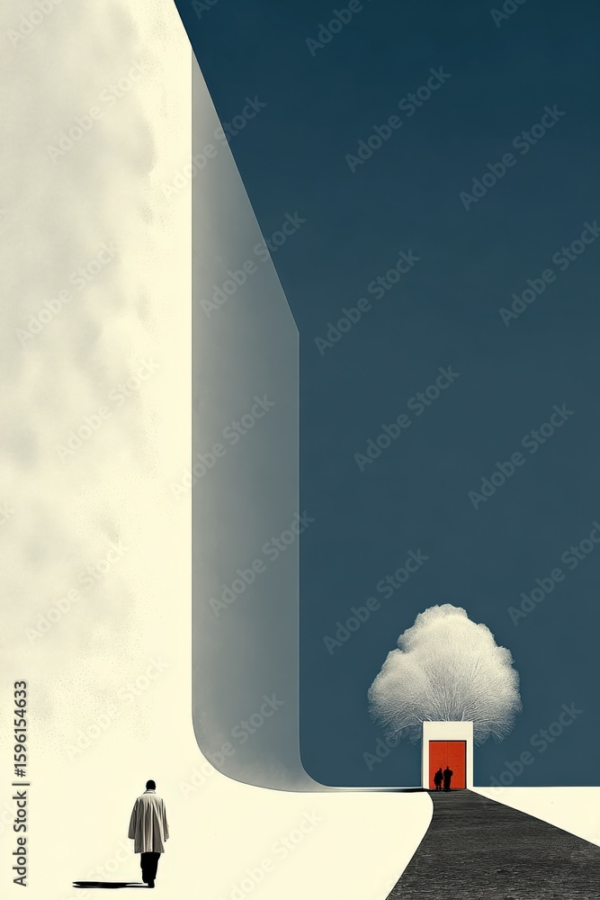 Poster minimalist surreal digital illustration of a person standing in front of a large, abstract geometric