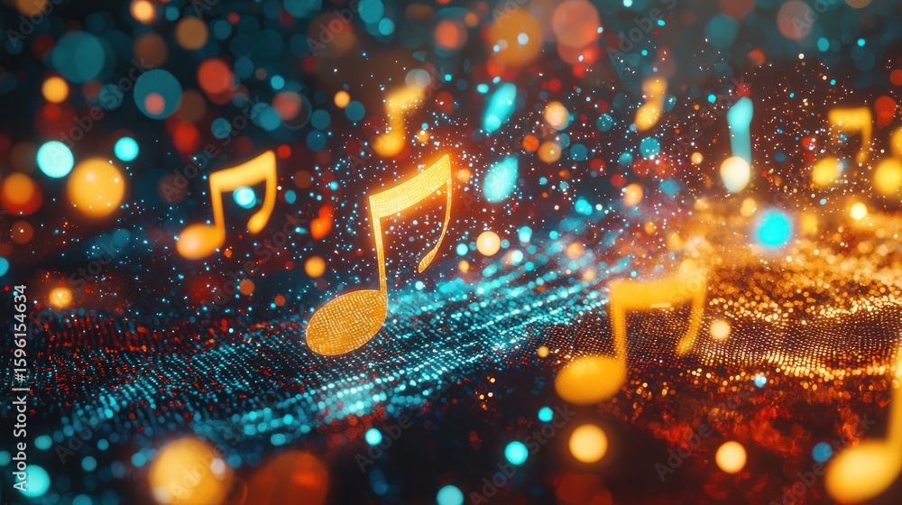 Poster abstract music notes floating in a vibrant digital dreamscape background design