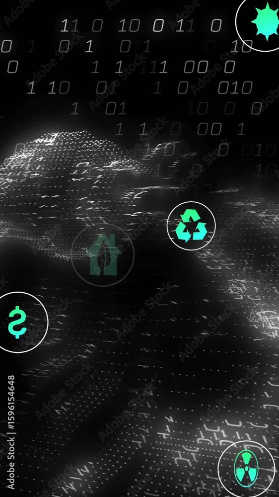 Poster animation of binary code and environmental icons illustrating data and sustainability in school