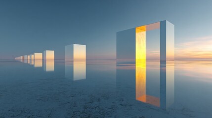 Surreal Landscape with Tall Modern Reflective Cubes Floating on Flat Salt Flats Du Sunset Creating Mirrored Illusions and Vibrant Sky Colors