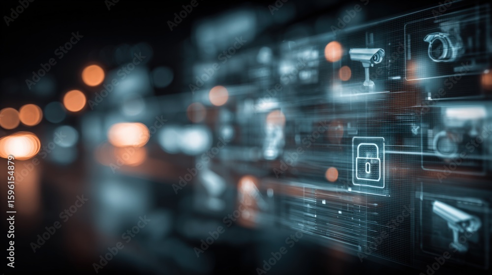 Poster modern cybersecurity digital technology concept with glowing data protection icons and cybersecurity