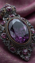 Fototapeta premium Exquisite vintage brooch featuring a large purple gemstone set in intricate metalwork on a rich fabric background