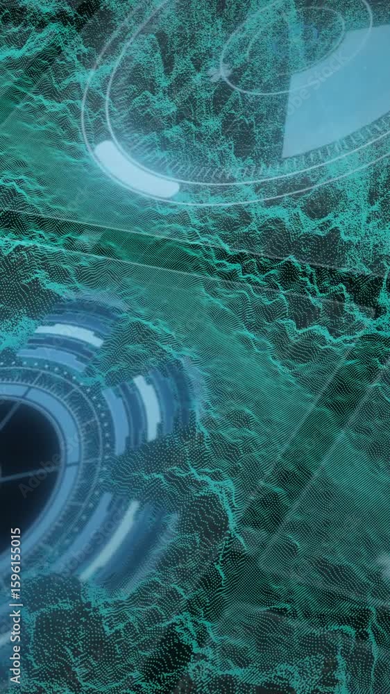 Poster futuristic digital interface with circular patterns and green wave animations