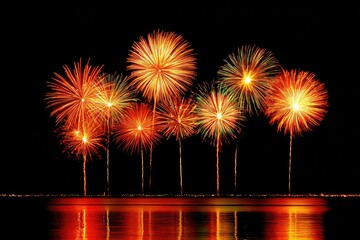 Fireworks explode over a tranquil water's edge at night.