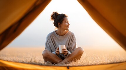 Happy camper enjoying a hot beverage while admiring the sunrise view from her tent during a summer camping trip, embracing the tranquility of nature