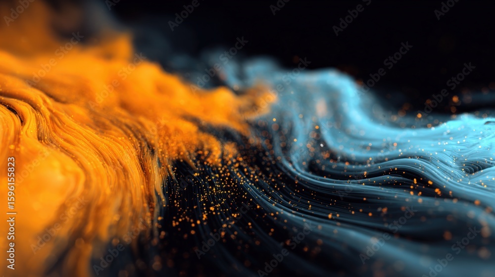 Poster abstract vibrant orange and blue swirling particles flowing in a dynamic wave pattern with glowing e