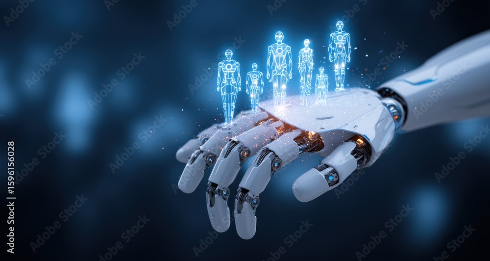 Poster advanced robotic hand with digital human holograms highlighting artificial ligence technology and hu