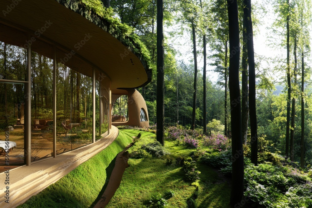 Poster modern architecture blends with nature in a serene forest setting