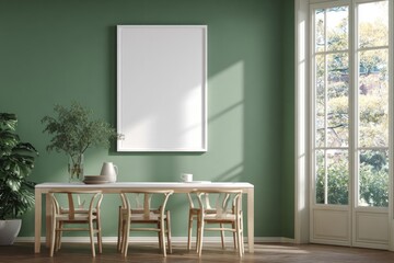 Bright Minimalist Dining Room with Green Wall and Large Window Natural Light