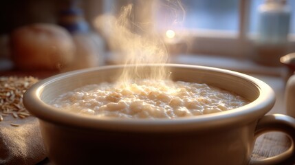 Hot creamy oatmeal in a ceramic bowl with steam rising, served as a nutritious breakfast or comforting snack in cozy kitchen setting