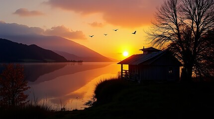 wooden cabin by tranquil lake at sunset