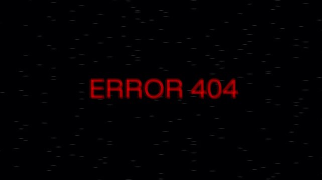 Error 404 red shaking text with glitch effect, black background full of noise and dots, perfect for scary broken screen web error design.