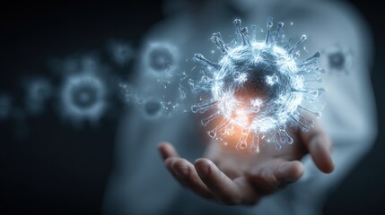 Highly detailed digital illustration of a person holding a glowing virus particle representing COVID-19 or coronavirus with abstract blue background