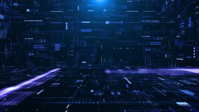 Futuristic Blue Virtual Data Room with Glowing Interface Panels and Abstract Digital Grid Architecture in 3D Perspective slow zoom in shot data processing 4K motion background - Powered by Adobe