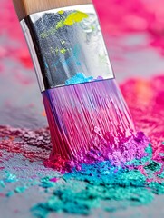 Fototapeta premium A close up of a paintbrush with colorful paint on it and a colorful painted background texture art