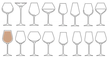 Minimalist Line Art of Various Wine Glasses on White Background