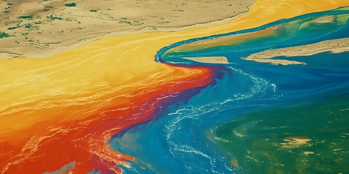 Aerial view of river meeting the ocean showing color variance and sediment dispersion at the mouth