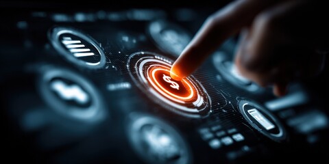 Close-up of a hand pressing a button on a digital security interface with illuminated icons and futuristic technology elements in dark environment
