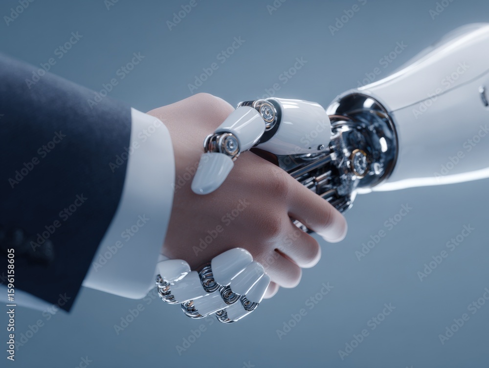 Aufkleber close up of human hand shaking with a humanoid robot hand symbolizing robotics and technology collab