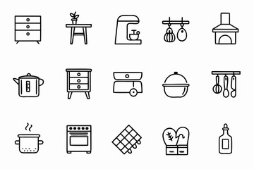 A cozy, stylized look into kitchens—modern, rustic, and homely—expressed through clean single-line illustrations. Great for interior design prints, kitchen decor, or food delivery branding.
