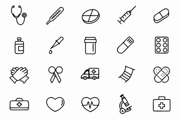 A precise bundle featuring essential healthcare tools and equipment in a uniform minimalist style. Ideal for clinics, medical apps, and professional content creators.