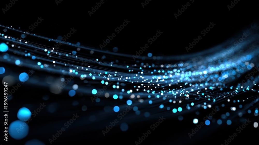 Poster abstract dynamic blue light particles streaks flowing across black background digital motion backdro