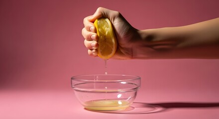 Hand squeezes fresh lemon juice into glass bowl against pink background, offering a refreshing and vibrant burst of citrusy goodness.