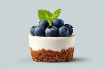 Cheesecake with fresh blueberries mint on top gray background