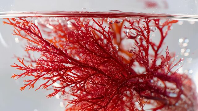 Red Seaweed Floating in Water with Bubbles in Slow Motion, Close-Up Macro Shot in Crystal Clear 4K Quality
