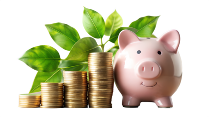 A smiling pink piggy bank next to stacks of gold coins and green leaves, representing financial growth isolated on transparent background
