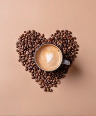 Coffee cup with latte art surrounded heart-shaped coffee beans