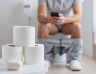  Person Sitting on Toilet in Bathroom Scene
