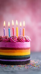 Colorful rainbow cake with candles sprinkles
