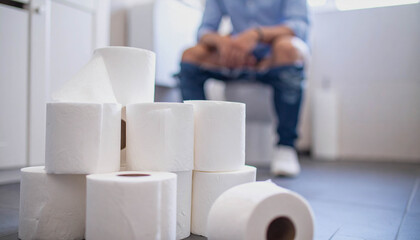  Person Sitting on Toilet in Bathroom Scene
