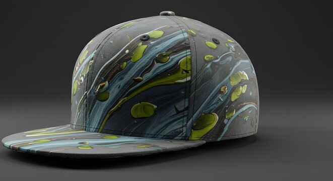 Abstract Design Baseball Cap with Green and Blue Swirls on Dark Background - Powered by Adobe