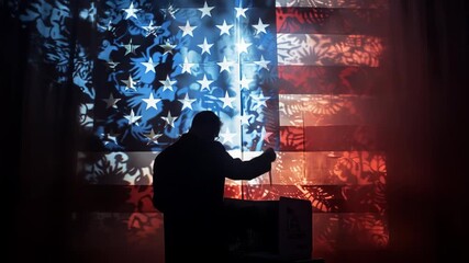 Silhouette of Person Voting Against Projected American Flag - A silhouette of a person casting a ballot into a box is captured against a backdrop of a projected American flag with ornate, shadowed - Powered by Adobe
