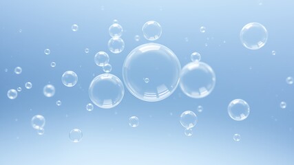 Realistic and transparent bubbles floating in the air against a clear blue background