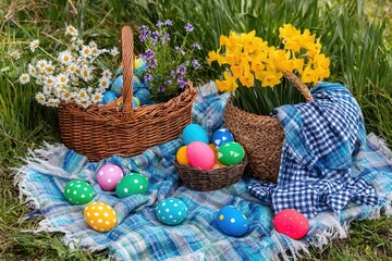 Easter picnic with colorful eggs spring flowers in garden setting