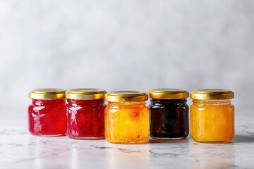 Variety of colorful fruit jams in glass jars on marble