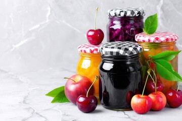 Homemade fruit jam jars with fresh cherries leaves on marble table