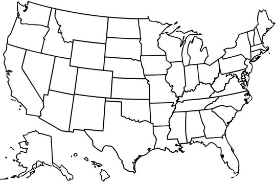 United states map showing individual state borders isolated on a white background for educational or travel planning use.