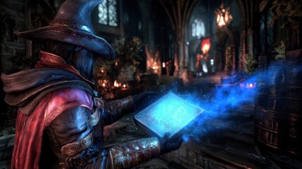 Naklejka premium Wizard casting spell with blue magic energy from ancient book in castle hall