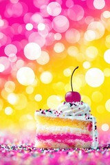 Cake slice with cherry on colorful bokeh background
