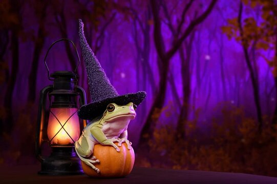 A frog in a witch's hat sits on a pumpkin
