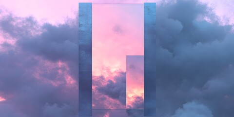 Rectangular frames revealing a pink and purple cloudy sky with a reflective surface below them