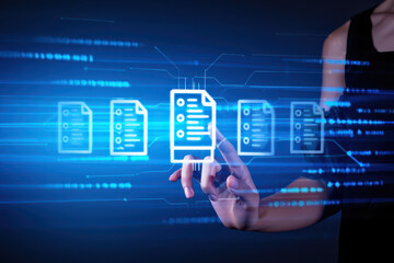 Woman interacting with digital documents on a blue screen with data streams and glowing icons