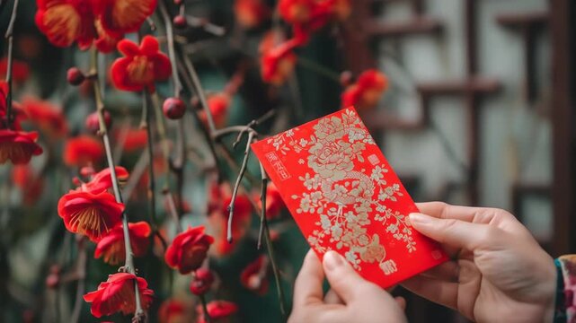 Hands Holding Red Envelope with Floral Design Against Plum Blossoms - Close-up view of hands gently holding a traditional red envelope, adorned with intricate gold floral patterns, set against a