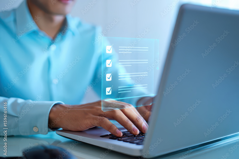 Poster man typing on laptop with digital checklist overlay in a bright and modern office environment