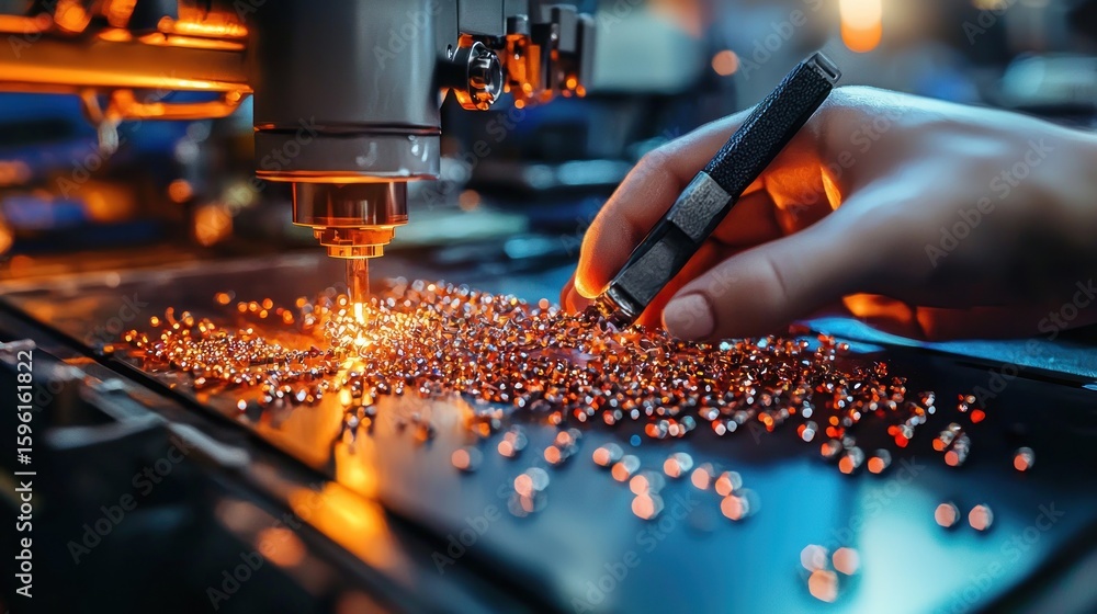 Poster precision laser cutting process creating intricate components with expert handling